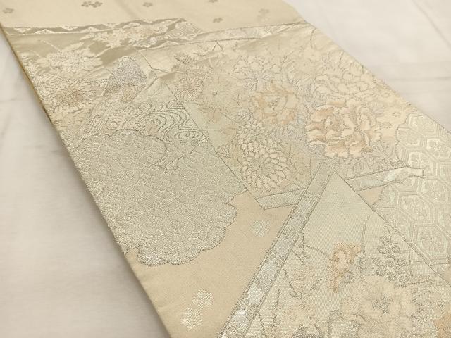 平和屋着物◎西陣 美保姿 染色図案家 橋閑歩 両面 全通柄袋帯 屏風花鳥文 銀糸 正絹 逸品 BAAU8853yc