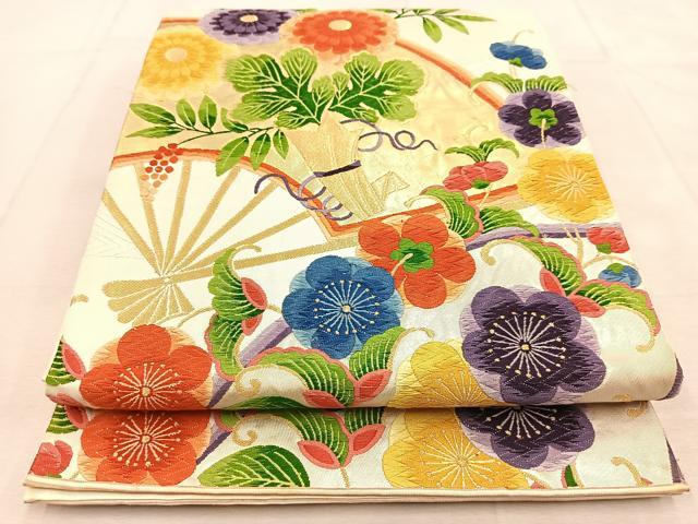 平和屋着物◎六通柄袋帯 唐織 扇面花文 金銀糸 正絹 逸品 BAAU8888yc