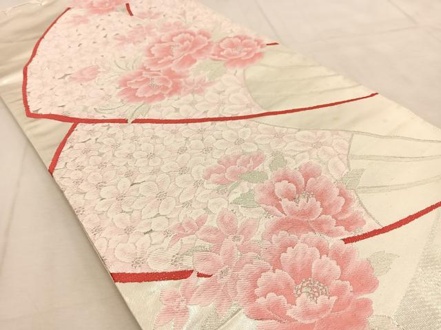平和屋着物◎六通柄袋帯 唐織 扇花文 銀糸 引箔 正絹 逸品 BAAU8973yc