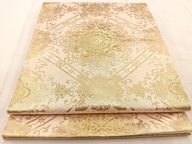平和屋着物◎六通柄 本袋帯 菱天井花文 金糸 正絹 逸品 BAAU9056yc