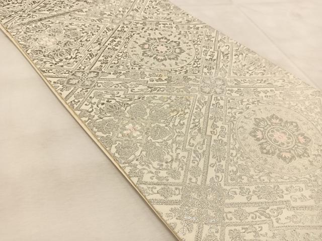 平和屋着物◎六通柄袋帯 唐織 菱天井花文 銀糸 正絹 逸品 BAAU9071yc