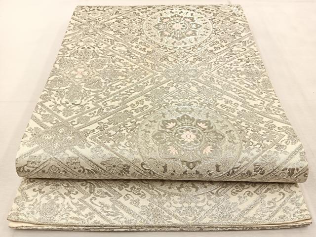 平和屋着物◎六通柄袋帯 唐織 菱天井花文 銀糸 正絹 逸品 BAAU9071yc
