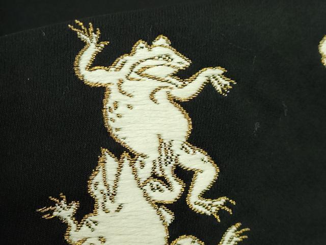 平和屋本店■極上 西陣 河合美術織物謹製 太鼓柄袋帯 鳥獣戯画 黒地 金糸 逸品 DZAB0079kh5