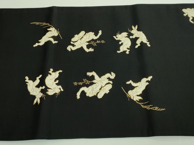 平和屋本店■極上 西陣 河合美術織物謹製 太鼓柄袋帯 鳥獣戯画 黒地 金糸 逸品 DZAB0079kh5