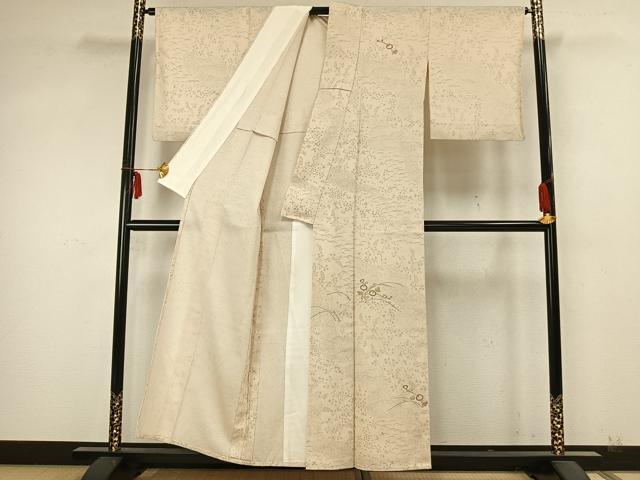 平和屋着物▽訪問着 単衣 お召地 刺繍 草花文 銀糸 正絹 逸品 AABA7685fy