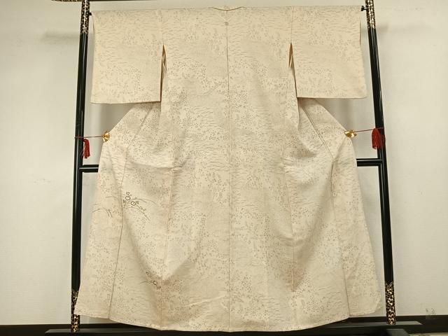 平和屋着物▽訪問着 単衣 お召地 刺繍 草花文 銀糸 正絹 逸品 AABA7685fy