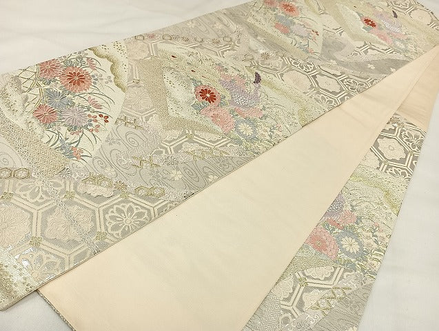 平和屋着物◎六通柄袋帯 唐織 花扇孔雀文 金銀糸 正絹 逸品 AABB0681uw