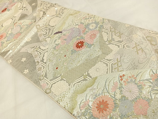 平和屋着物◎六通柄袋帯 唐織 花扇孔雀文 金銀糸 正絹 逸品 AABB0681uw