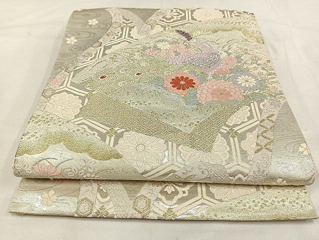 平和屋着物◎六通柄袋帯 唐織 花扇孔雀文 金銀糸 正絹 逸品 AABB0681uw