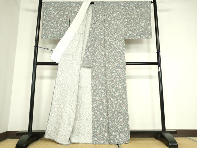 平和屋着物▽上質な小紋 単衣 更紗花文 正絹 逸品 DAAV5940az