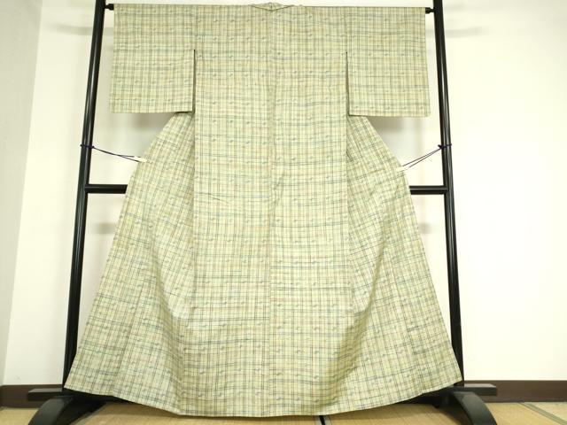 平和屋着物▽上質な紬 単衣 絣格子文 正絹 逸品 DAAV5986az