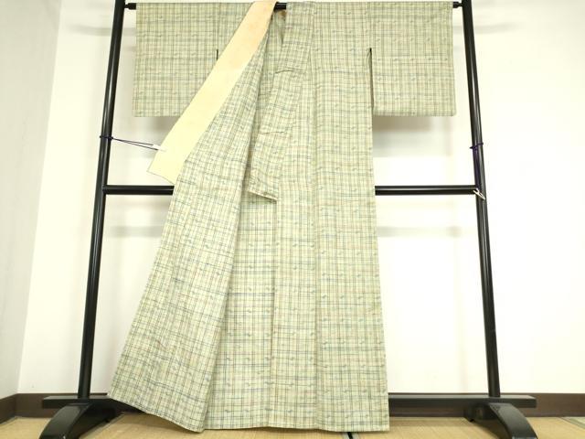 平和屋着物▽上質な紬 単衣 絣格子文 正絹 逸品 DAAV5986az