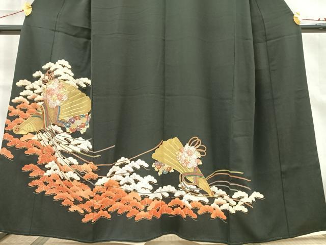 平和屋着物■豪華黒留袖 駒刺繍 扇面松花文 金銀糸 正絹 逸品 AABB1702mf