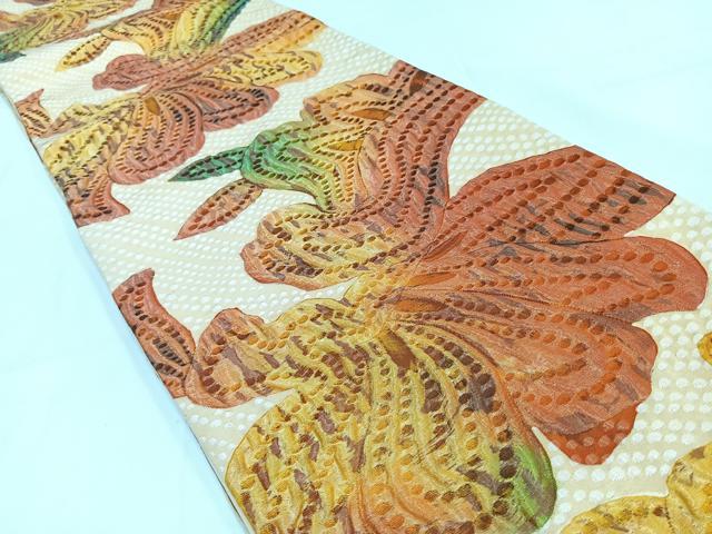 平和屋着物◎全通柄袋帯 ふくれ織 舞花文 正絹 逸品 AABB0776uw