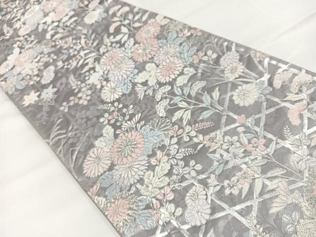 平和屋着物◎六通柄袋帯 草花文 銀糸 正絹 逸品 AABB0771uw