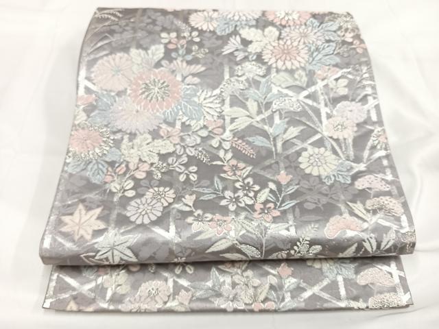 平和屋着物◎六通柄袋帯 草花文 銀糸 正絹 逸品 AABB0771uw