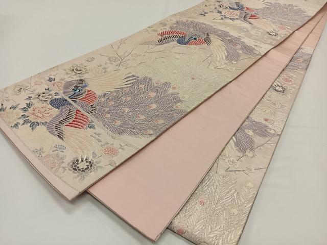 平和屋着物◎六通柄袋帯 唐織 孔雀花文 銀糸 正絹 逸品 CAAY1012qv