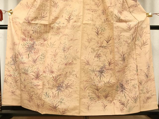 平和屋着物▽訪問着 単衣 紬地 手描き 草花文 正絹 逸品 AABA7796fy