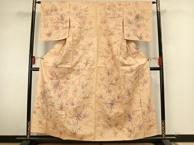 平和屋着物▽訪問着 単衣 紬地 手描き 草花文 正絹 逸品 AABA7796fy