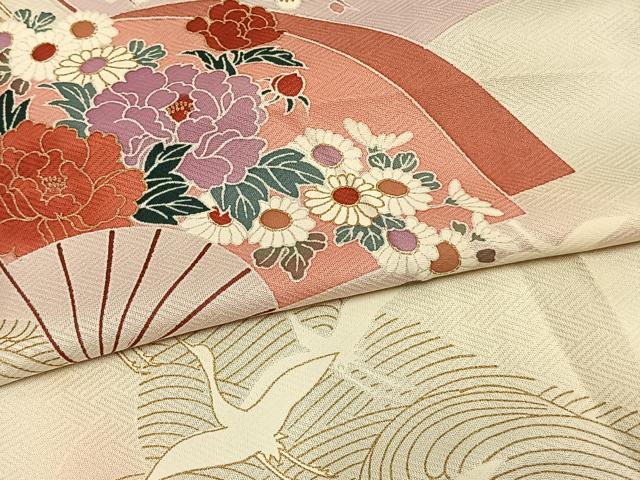 平和屋着物▽訪問着 単衣 扇面花鳥文 暈し染め 金彩 正絹 逸品 AABB2056fy
