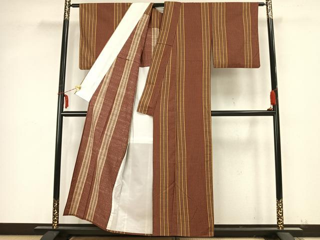 平和屋着物▽上質な紬 単衣 縞 正絹 逸品 AABB2046fy