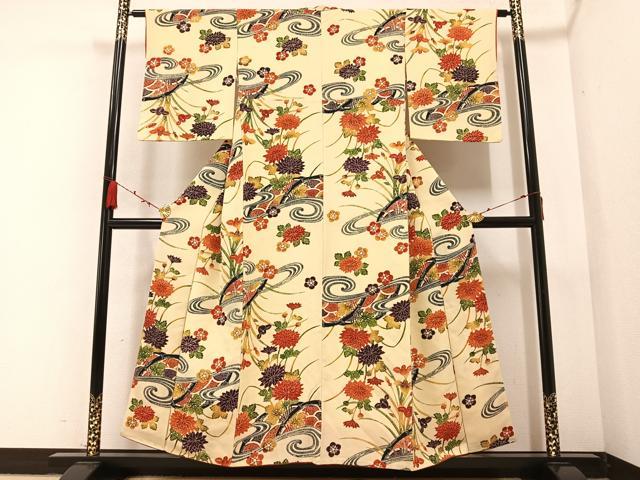 平和屋着物●上質な小紋 型染め 流水枝花文 鬼しぼ縮緬 正絹 逸品 AABB3631ph