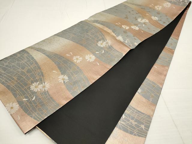 平和屋着物▼六通柄袋帯 霞花文 黒地 金糸 正絹 逸品 AABB1046wj