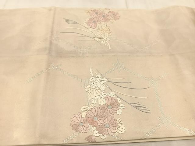 平和屋着物◎太鼓柄袋帯 総刺繍 秋草文 引箔 正絹 逸品 BAAU9252yc