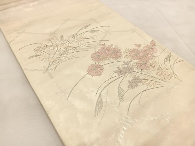 平和屋着物◎太鼓柄袋帯 総刺繍 秋草文 引箔 正絹 逸品 BAAU9252yc
