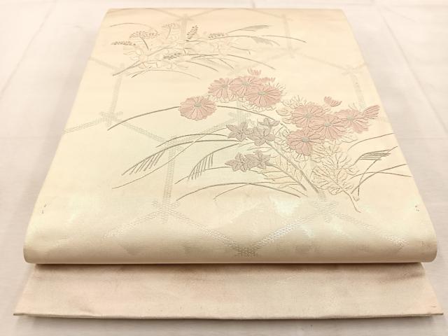 平和屋着物◎太鼓柄袋帯 総刺繍 秋草文 引箔 正絹 逸品 BAAU9252yc