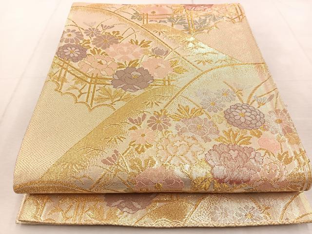 平和屋着物◎佐賀錦織 六通柄袋帯 重ね山風景花文 金糸 正絹 逸品 BAAU9280yc