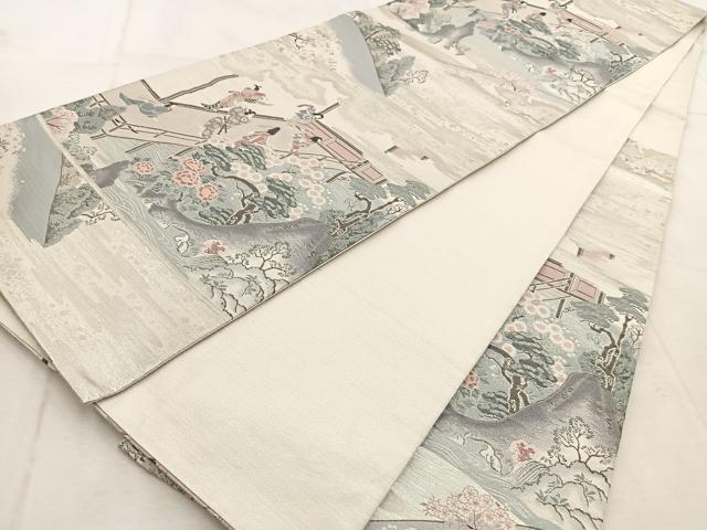 平和屋着物◎六通柄袋帯 春邸遊楽文 銀糸 正絹 逸品 BAAU9285yc