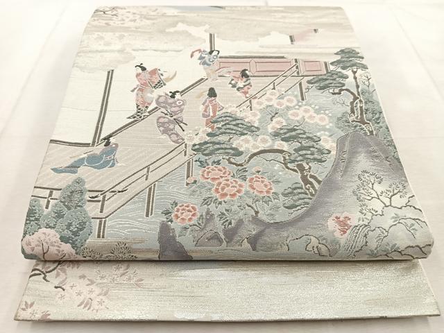 平和屋着物◎六通柄袋帯 春邸遊楽文 銀糸 正絹 逸品 BAAU9285yc