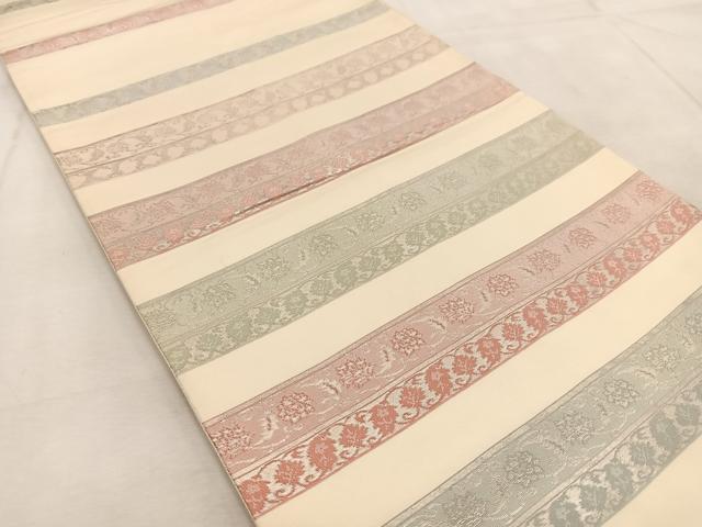 平和屋着物◎六通柄袋帯 横段更紗 銀糸 正絹 逸品 BAAU9317yc