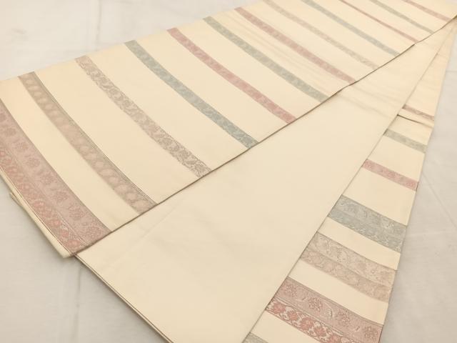 平和屋着物◎六通柄袋帯 横段更紗 銀糸 正絹 逸品 BAAU9317yc