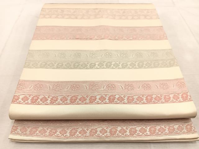 平和屋着物◎六通柄袋帯 横段更紗 銀糸 正絹 逸品 BAAU9317yc