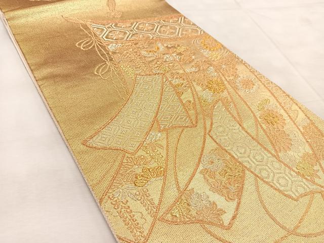 平和屋着物◎六通柄袋帯 陶彩つづれ 几帳花蝶文 金糸 正絹 逸品 BAAU9391yc