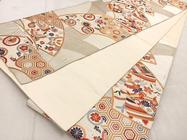 平和屋着物◎六通柄袋帯 唐織 地紙動物花文 金銀糸 正絹 逸品 BAAU9387yc