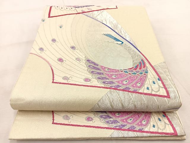 平和屋着物◎六通柄袋帯 唐織 地紙孔雀文 銀糸 正絹 逸品 BAAU9428yc