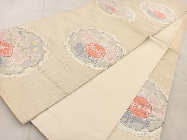 平和屋着物◎六通柄袋帯 唐織 雪輪花文 銀糸 正絹 逸品 BAAU9583yc