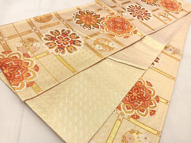 平和屋着物◎佐賀錦 六通柄袋帯 唐織 格子華文 金糸 正絹 逸品 BAAU9587yc
