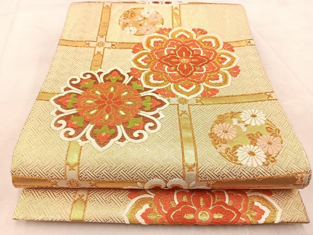 平和屋着物◎佐賀錦 六通柄袋帯 唐織 格子華文 金糸 正絹 逸品 BAAU9587yc