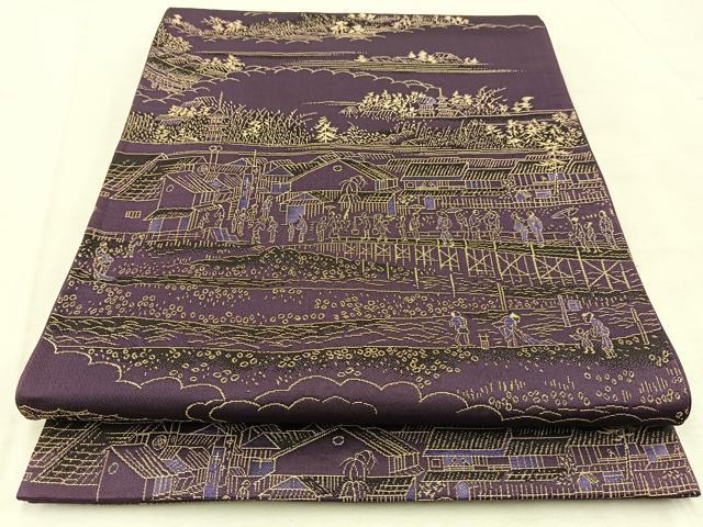 平和屋着物◎六通柄袋帯 人物風景文 金糸 正絹 逸品 BAAU9607yc