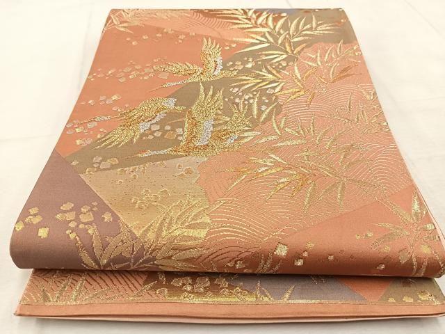平和屋着物◎六通柄袋帯 飛鶴笠竹文 金銀糸 正絹 逸品 BAAU9606yc