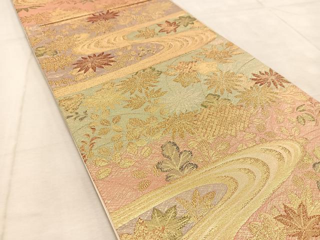 平和屋着物◎六通柄袋帯 流水草花文 金糸 正絹 逸品 BAAU9635yc