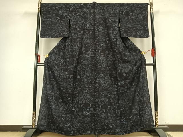 平和屋着物▽結城ちぢみ 単衣 風景草花文 正絹 逸品 AABB2198fy