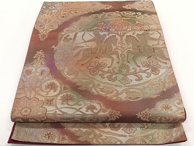 平和屋着物◎六通柄袋帯 狩猟円文 金糸 正絹 逸品 CAAY3901xi
