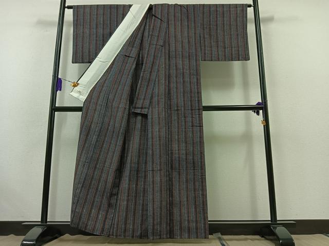 平和屋着物▽上質な紬 単衣 縞 やまと誂製 正絹 逸品 AABB4502jh