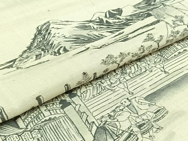 平和屋着物▽上質な紬 単衣 手描き 風景人物文 ロング丈 正絹 逸品 AABB4514jh