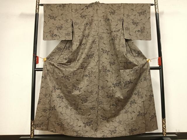 平和屋着物▽上質な紬 単衣 花唐草文 正絹 逸品 AABB2250fy